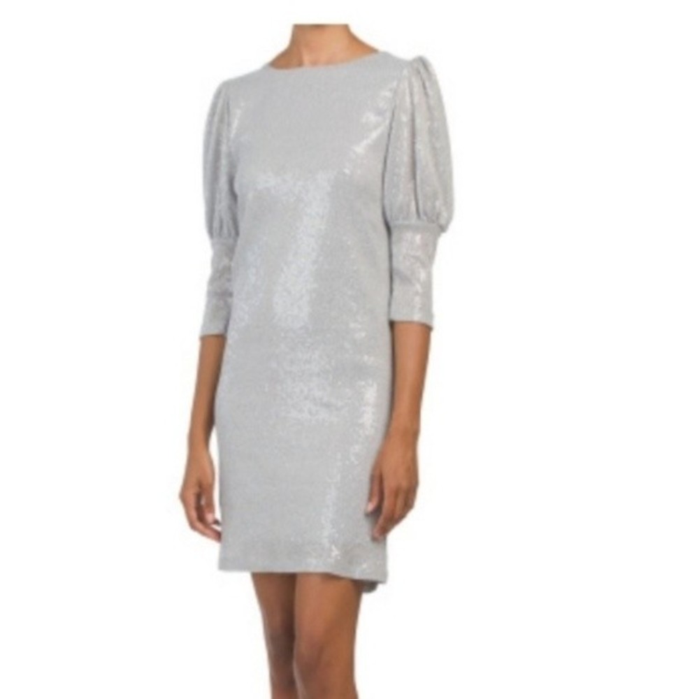 NWT Carla Conti Silver Sequin Balloon Sleeve Sheath dress L